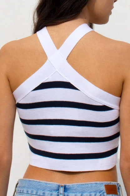 Striped Cross Front Halter Knit Top
