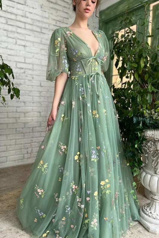 Floral Applique Ball Gown Prom Dress
