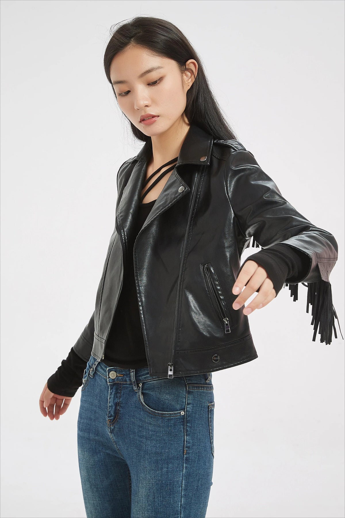 Faux Leather Tassel Biker Jacket