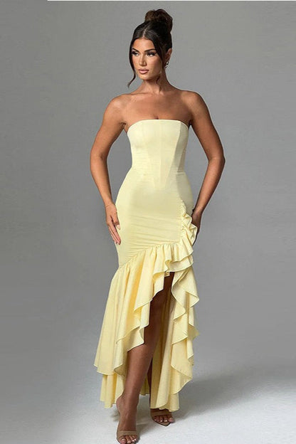 Strapless Corset Bustier High Split Ruffle Trim Mermaid Maxi Cocktail Dress