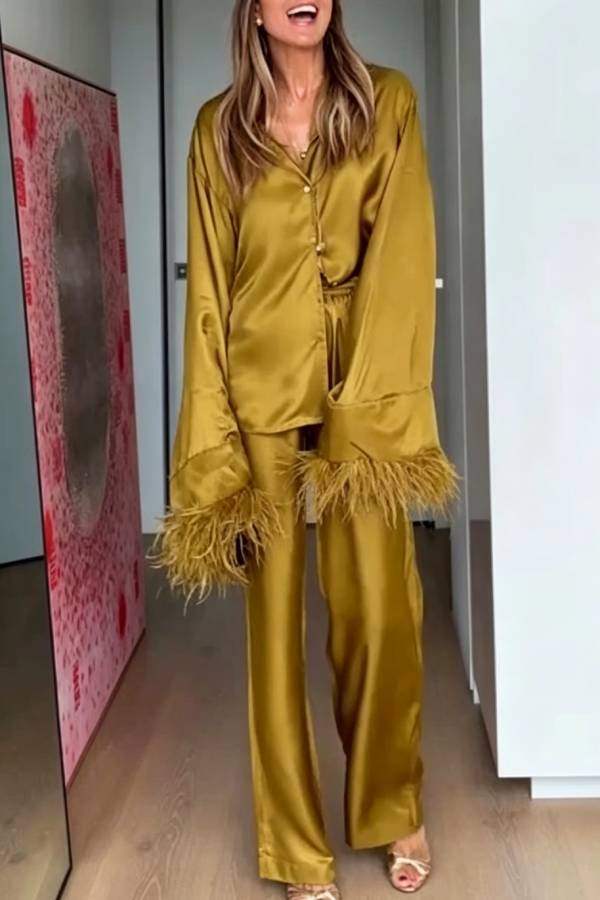 Festive Satin Feather Bell Sleeve Shirt and Elastic Waist Pocket Loose Pants Set