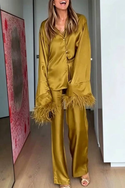 Festive Satin Feather Bell Sleeve Shirt and Elastic Waist Pocket Loose Pants Set