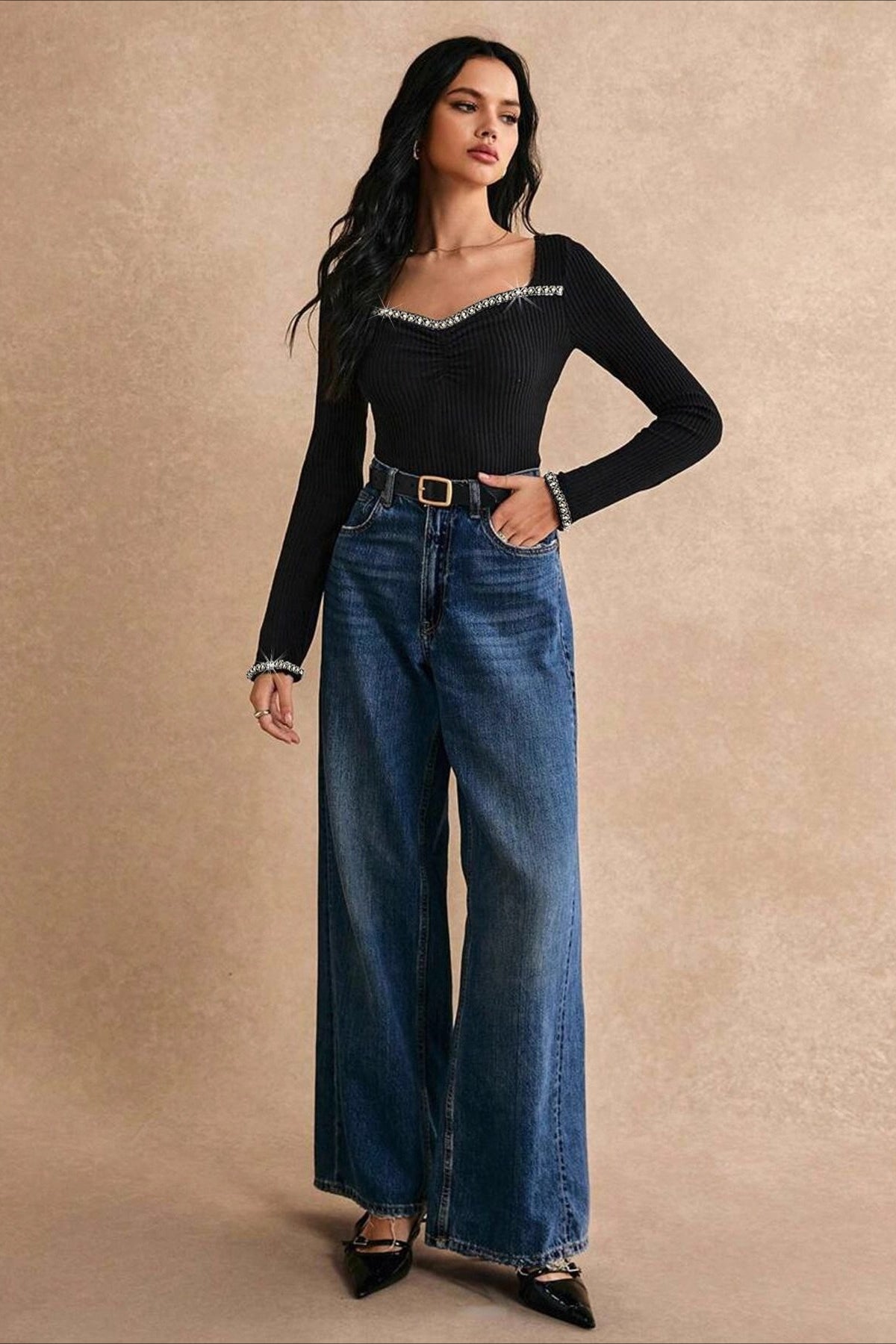 Rhinestone Trimmed Fitted Long Sleeve Tee