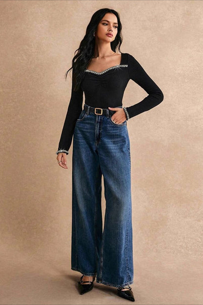 Rhinestone Trimmed Fitted Long Sleeve Tee