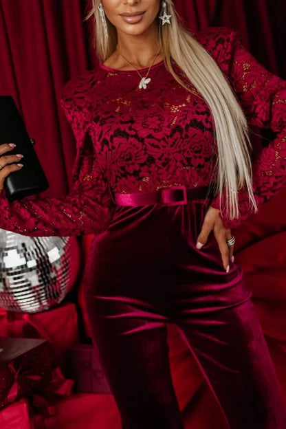 Sonya Lace Velvet Patchwork Long Sleeve Belted Flare Stretch Jumpsuit
