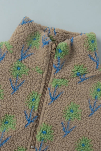Floral Sherpa High Neck Half Zip Sweatshirt