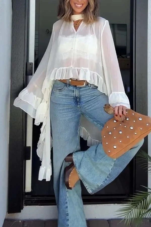 Flowy See-through Ruffle Tie-up Neck Bell Sleeve High-low Hem Cape Shirt