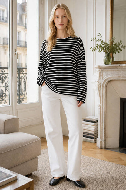 Cotton Striped Crew Neck Long Sleeve Tee