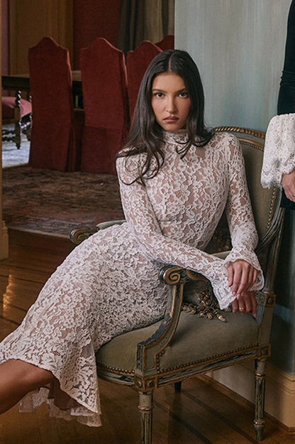 Crew Neck Lace Long Sleeve Mermaid Bodycon Lace Dress
