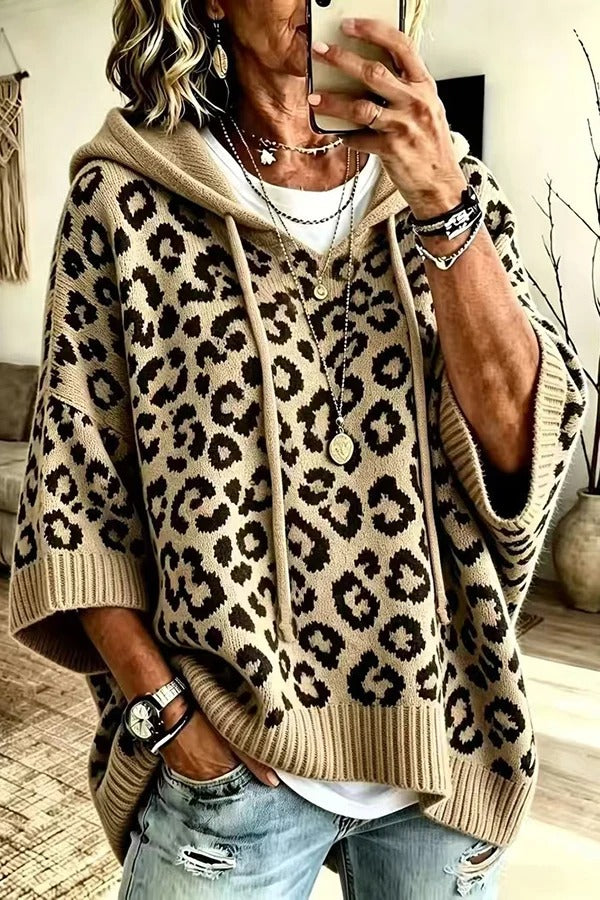 Comfortable and Casual Knit Leopard Print Half Sleeve Hoodie Sweater