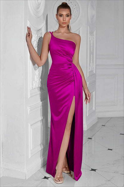 One Shoulder Ruched Waist Slit Formal Dress