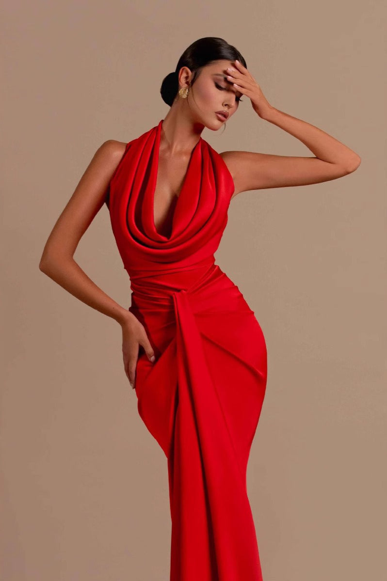Halter V Neck Ruched Bodycon Dress