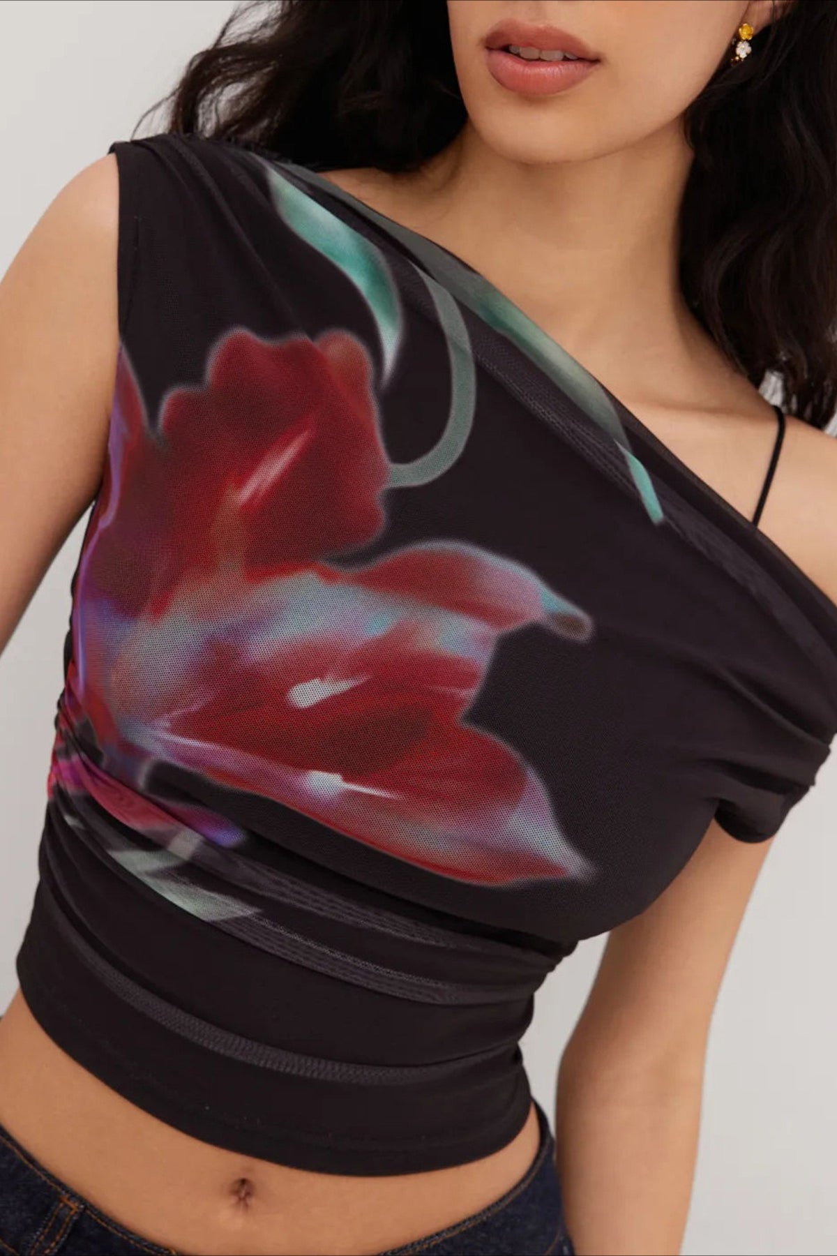 One Shoulder Mesh Ruched Printed Crop Top