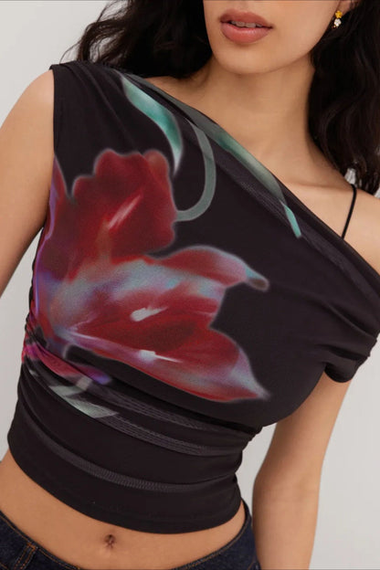 One Shoulder Mesh Ruched Printed Crop Top