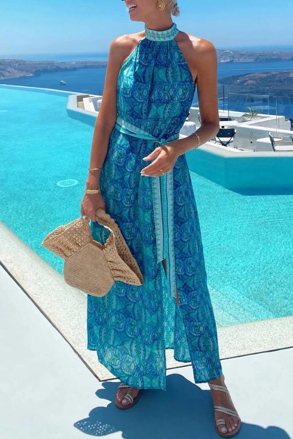 Bohemian Unique Print Slit Belted High Collar Maxi Dress