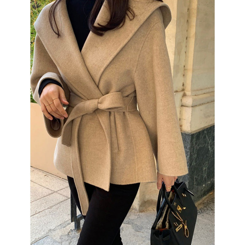 Chic Brown Woolen Hooded Overcoat