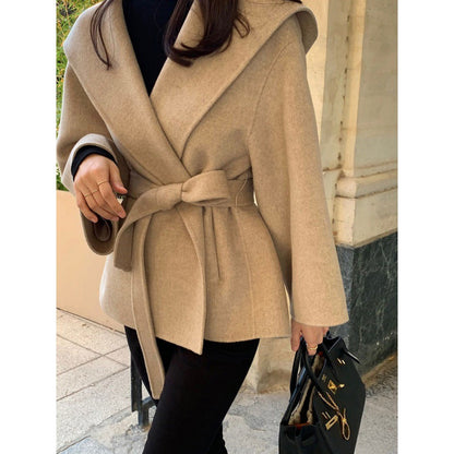 Chic Brown Woolen Hooded Overcoat