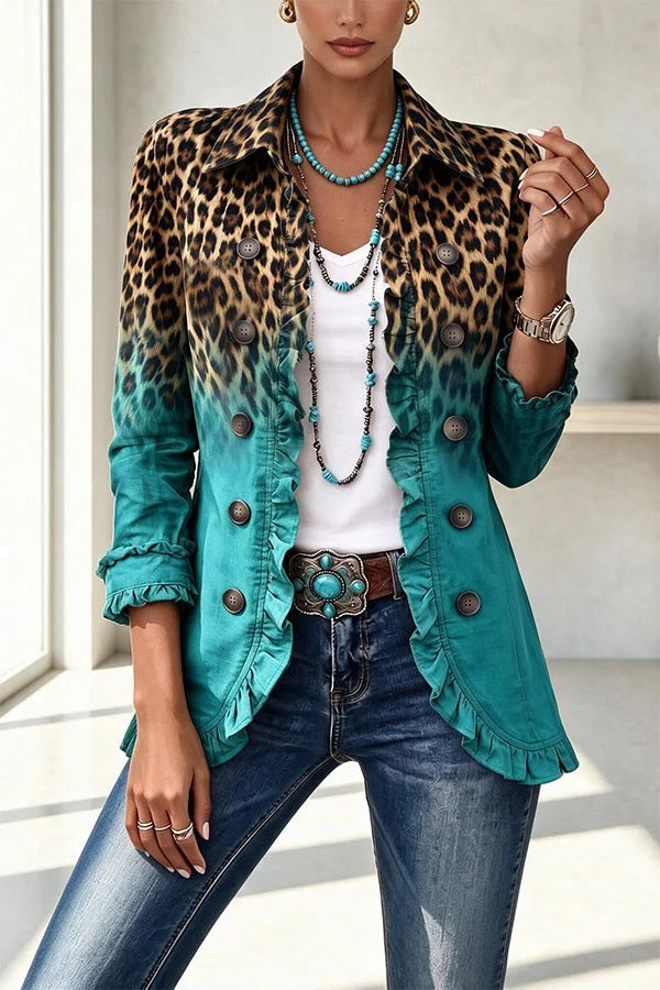 Stylish and Unique Printed Ruffle Trim Button-down Long Sleeve Jacket