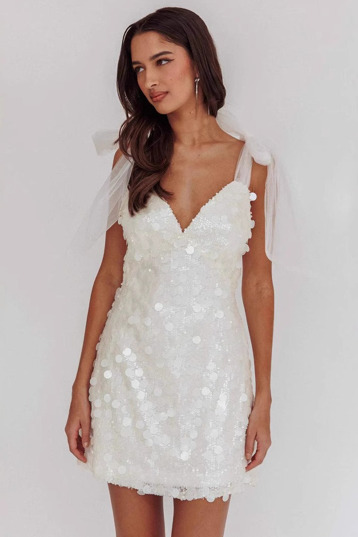 Low Cut Ribbon Slim Pink Sequin Dress