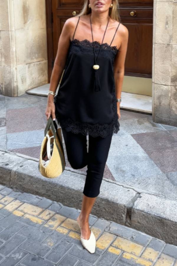 French Lace Trim Satin Thin Strap Camisole Top