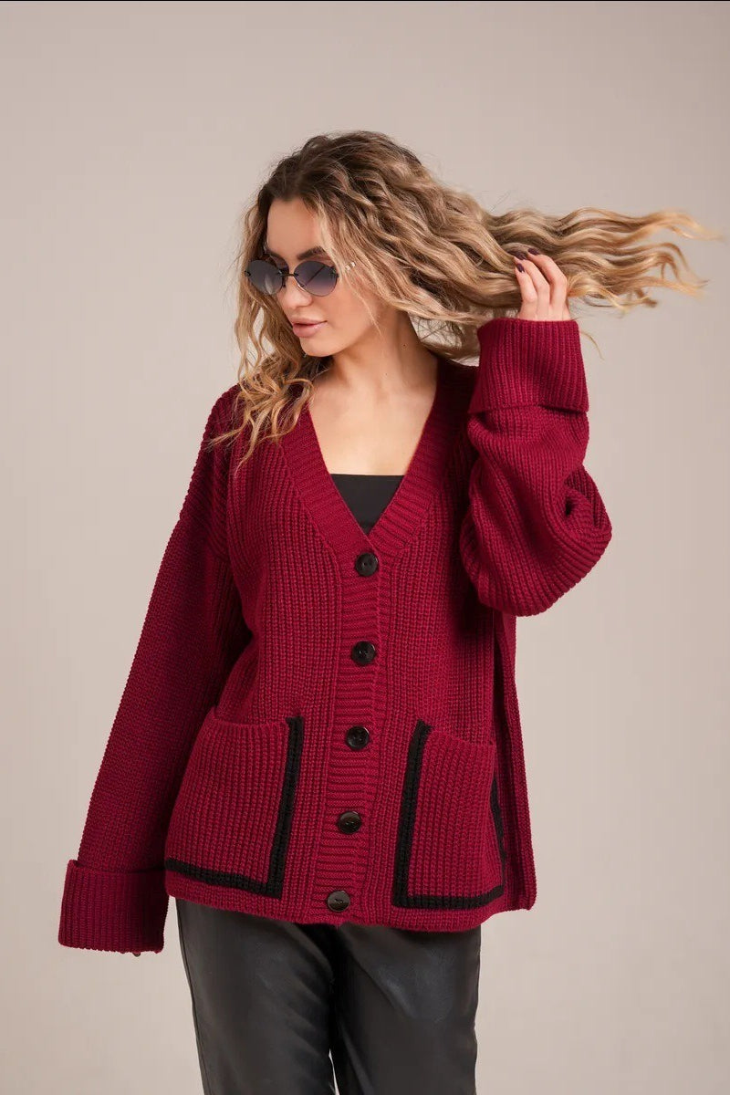Pocket Color Block V Neck Cardigan