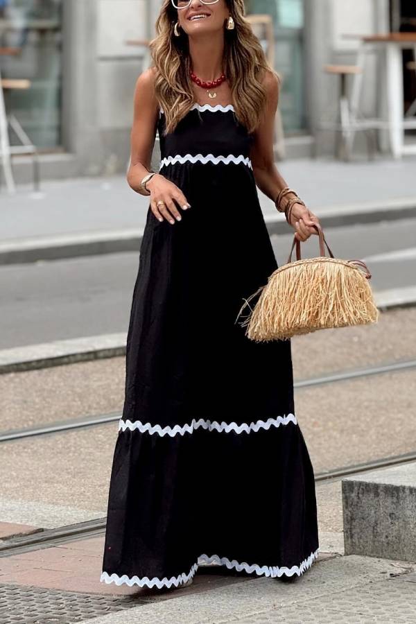 Black & White Ric Rac Trim Strappy Maxi Dress