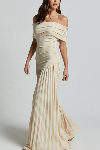Off Shoulder Dropped Waist Accordion Pleated Maxi Dress