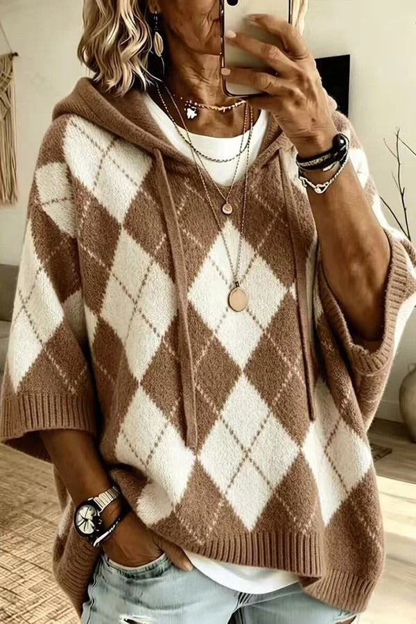 Comfortable and Casual Knit Color-blocked Plaid Print Half Sleeve Hoodie Sweater