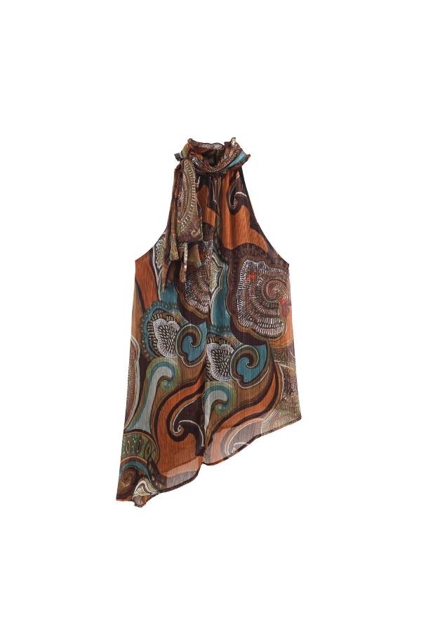 Retro Paisley Halter Neck Asymmetrical Top
