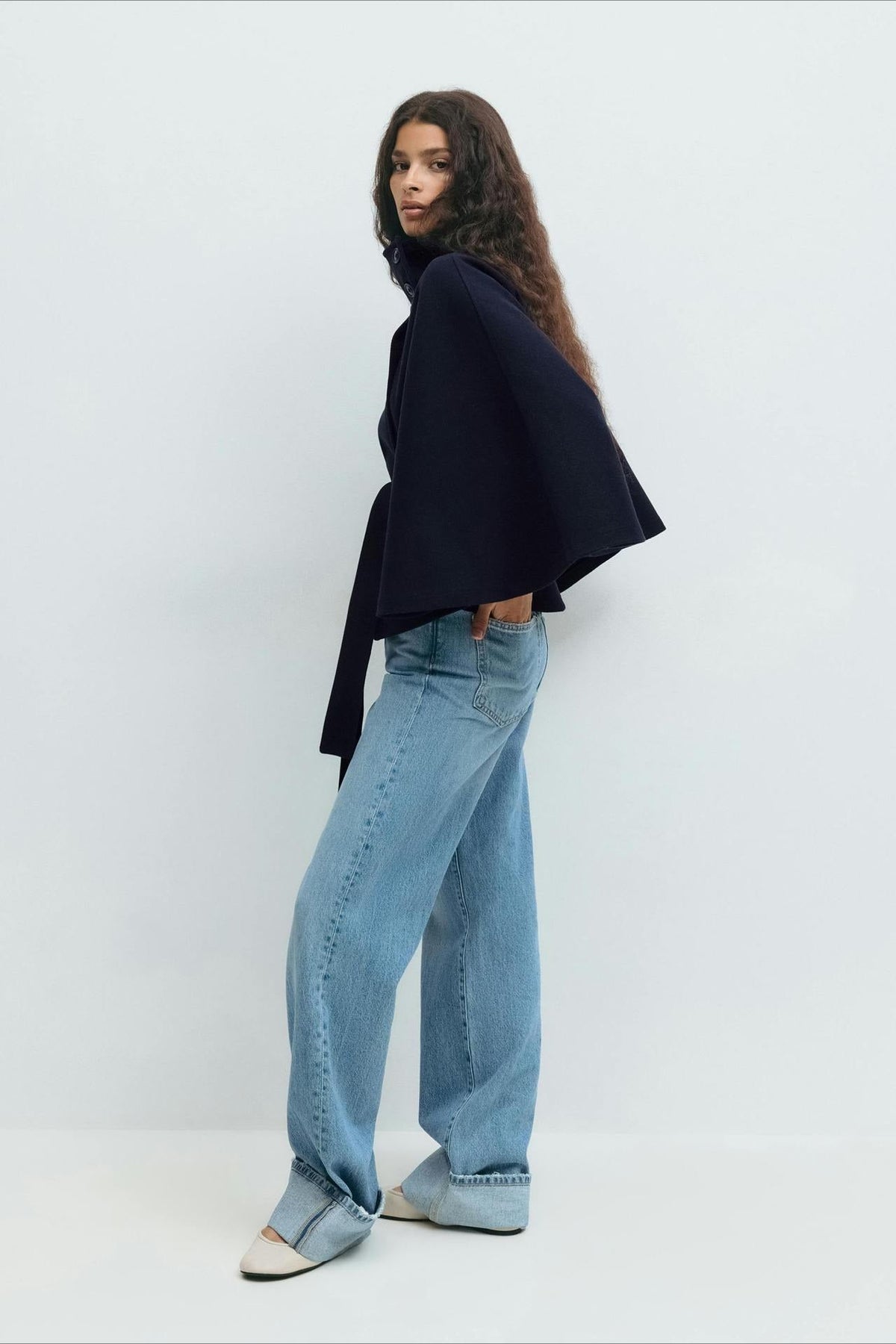 High Neck Button Detail Batwing Sleeve Coat