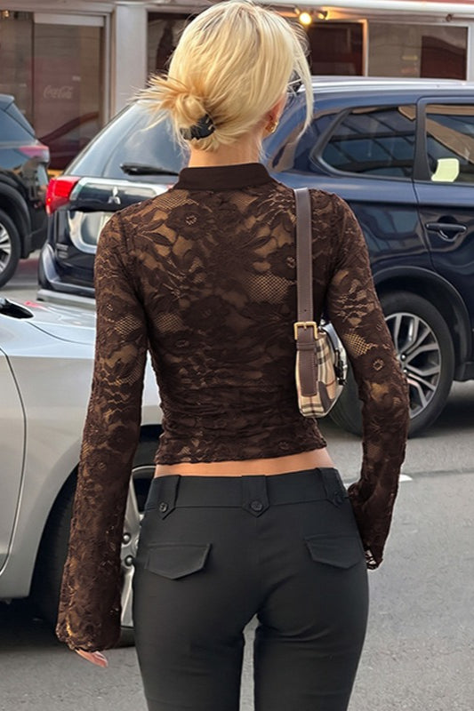 Lace Sleeve Tie Neck Cutout Long Sleeve Tee