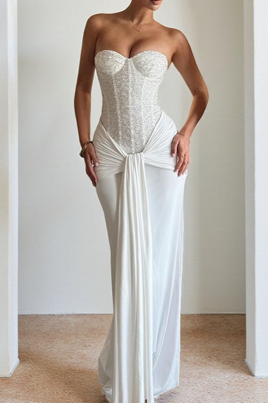 Ribbon Strapless Corset Maxi Evening Prom Dress