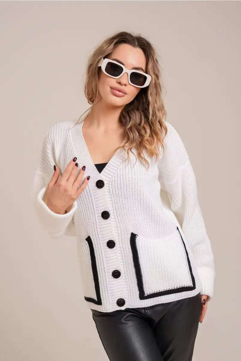 Pocket Color Block V Neck Cardigan