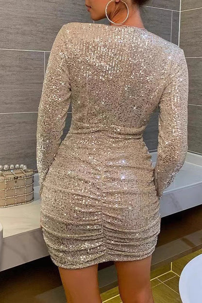 Long Sleeve V-Neck Ruched Sequin Sequin Dress