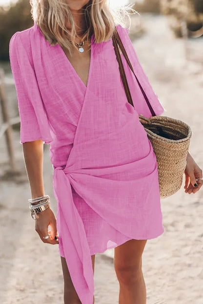 Easy Breezy Cotton Linen Blend Knotted Wrap Mini Dress