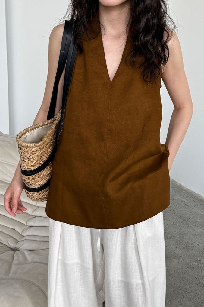 Halter V Neck Linen Casual Tank Top