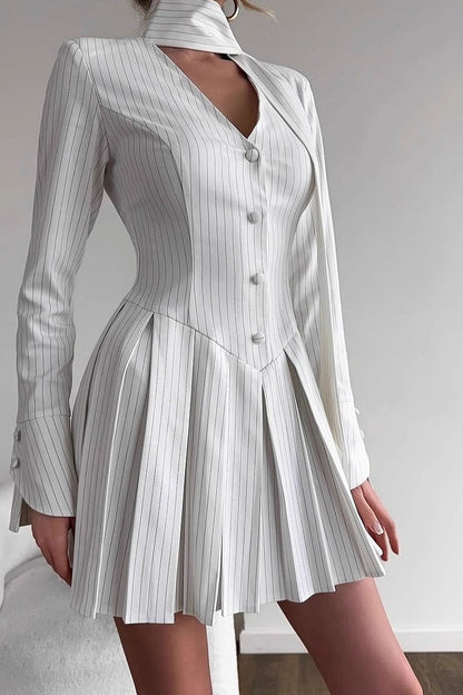 Pinstripe Button Front Choker Cut Out Neck Long Sleeve Pleated Mini Dress
