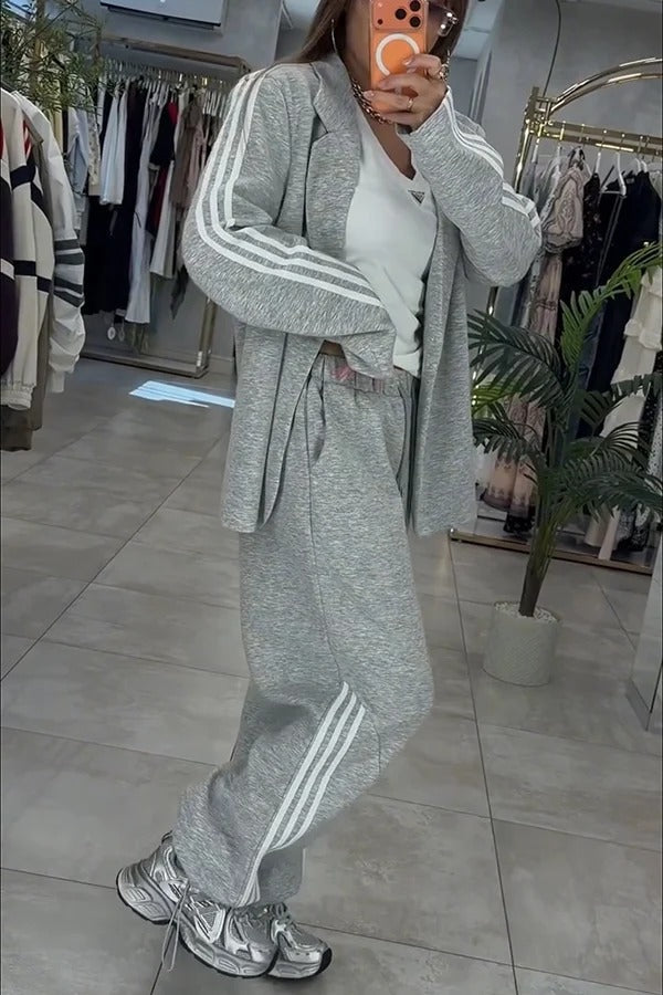 Fashionable Sporty Stripes Long Sleeve Oversized Blazer and Elastic Waist Pocket Jogger Set