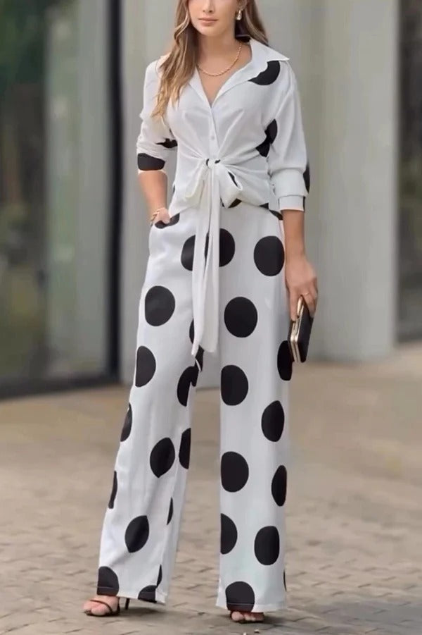 Fashion Lapel Long-sleeved Tie Waist Shirt and Casual Polka Dot Print Wide-leg Pants Set