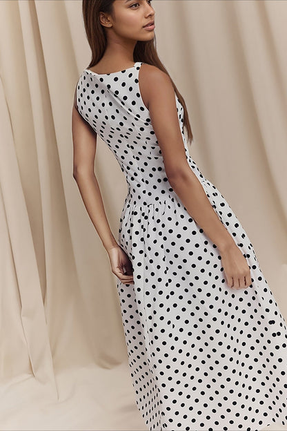 Polka Dot Bateau Neck Sleeveless Fit and Flare A-Line Midi Dress