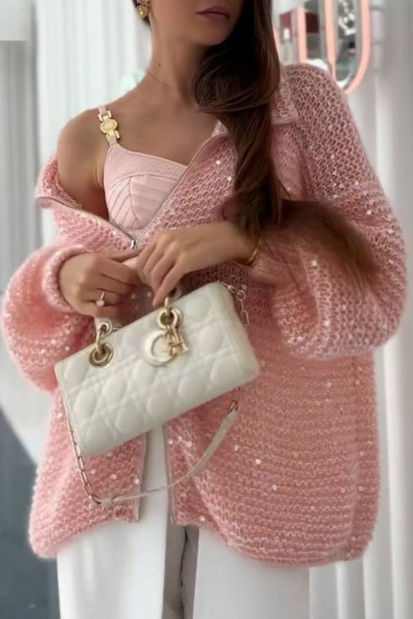 Peach Pink Open Knit Sequin Zip Cardigan Oversized Balloon Sleeve Sweater