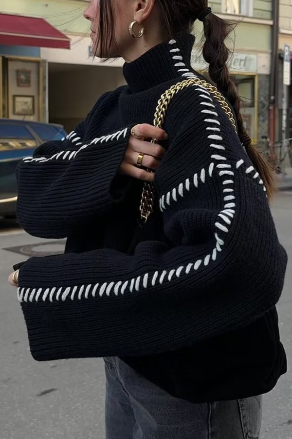 Crew Neck Contrast Color Panel Sweater