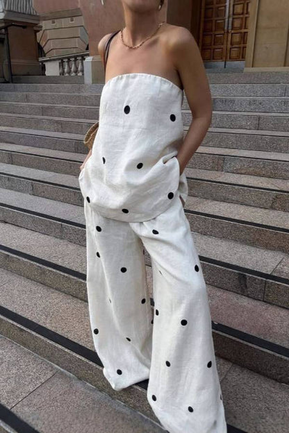 French Polka Dot Linen Tube Top & Wide-Leg Pants Set