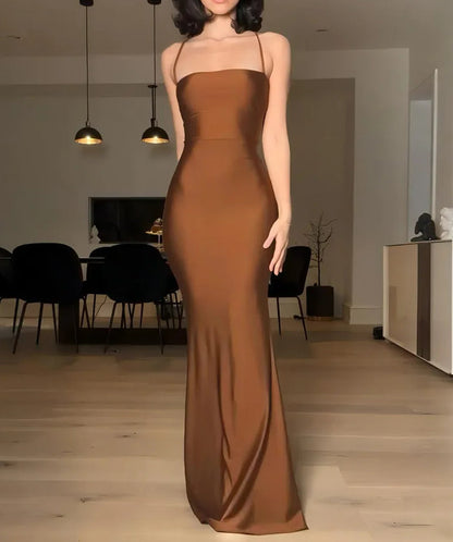 Satin Spaghetti Strap Square Neck Mermaid Bodycon Maxi Gown