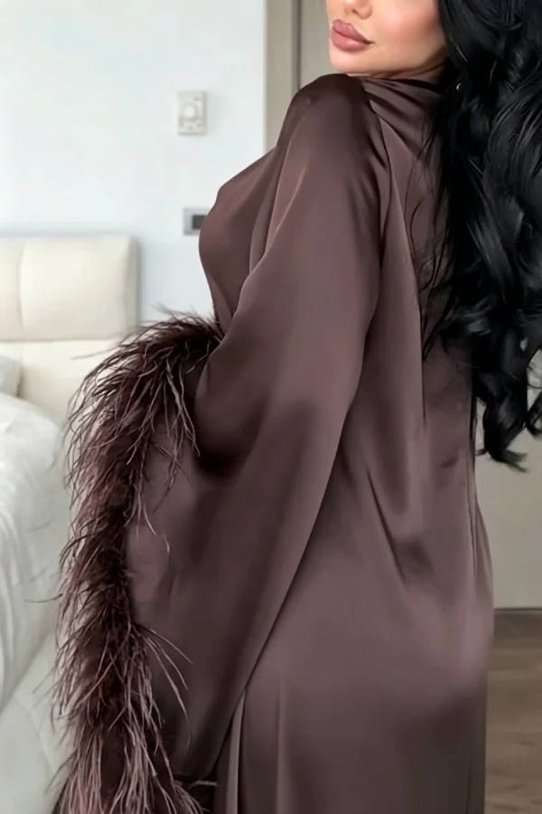 Nadina Satin Cowl Neck Long Feather Trim Sleeve Loose Maxi Dress