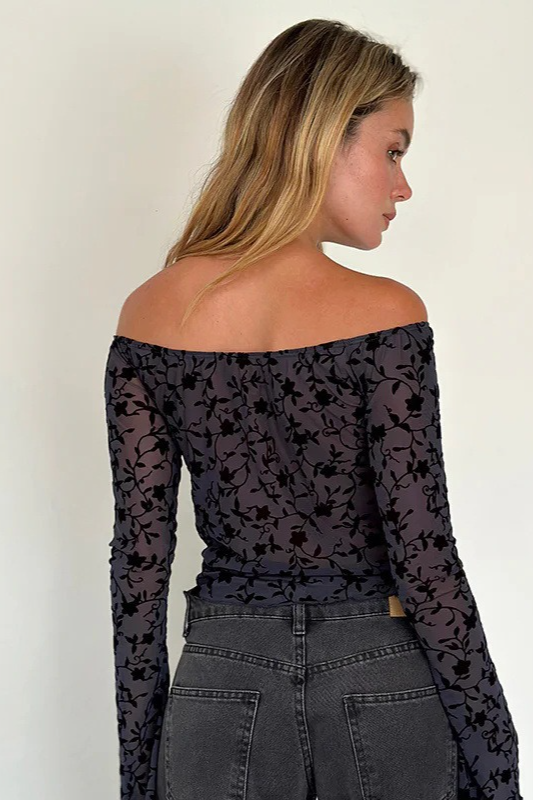 Velvet Mesh Off Shoulder Bow Tie Flare Sleeve Crop Top
