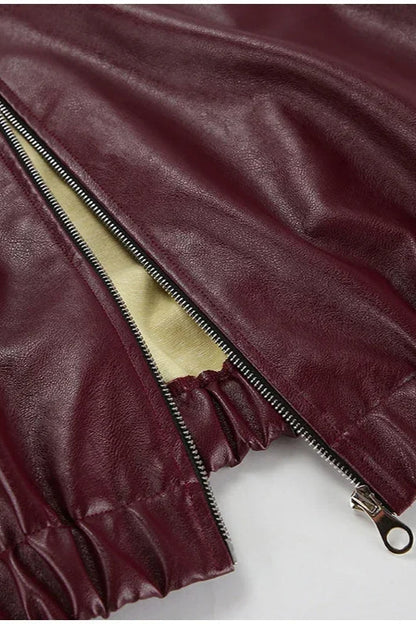 Burgundy Lapel Zip Leather Jacket