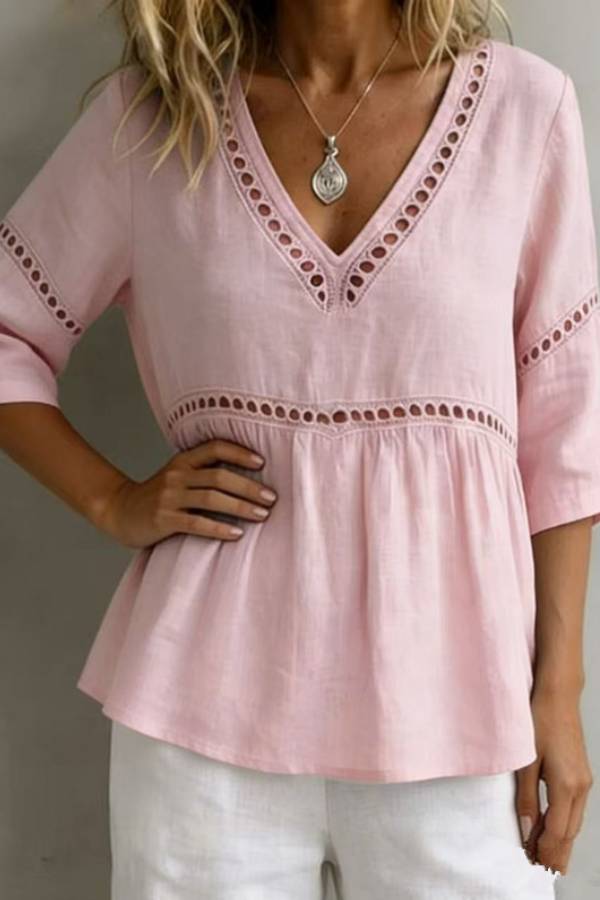 Boho Eyelet Embroidery V‑Neck Babydoll Blouse