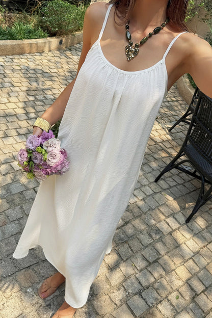 White Textured Ruched Resort Midi Dress