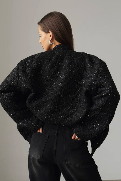Metallic Sequined Stand Collar Coat